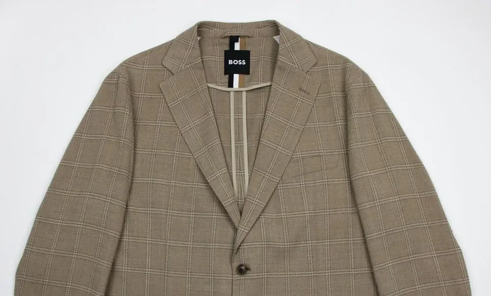 Hugo Boss Hanry Blazer Mens 46 R Brown Windowpane Stretch Wool Cotton Sport Coat